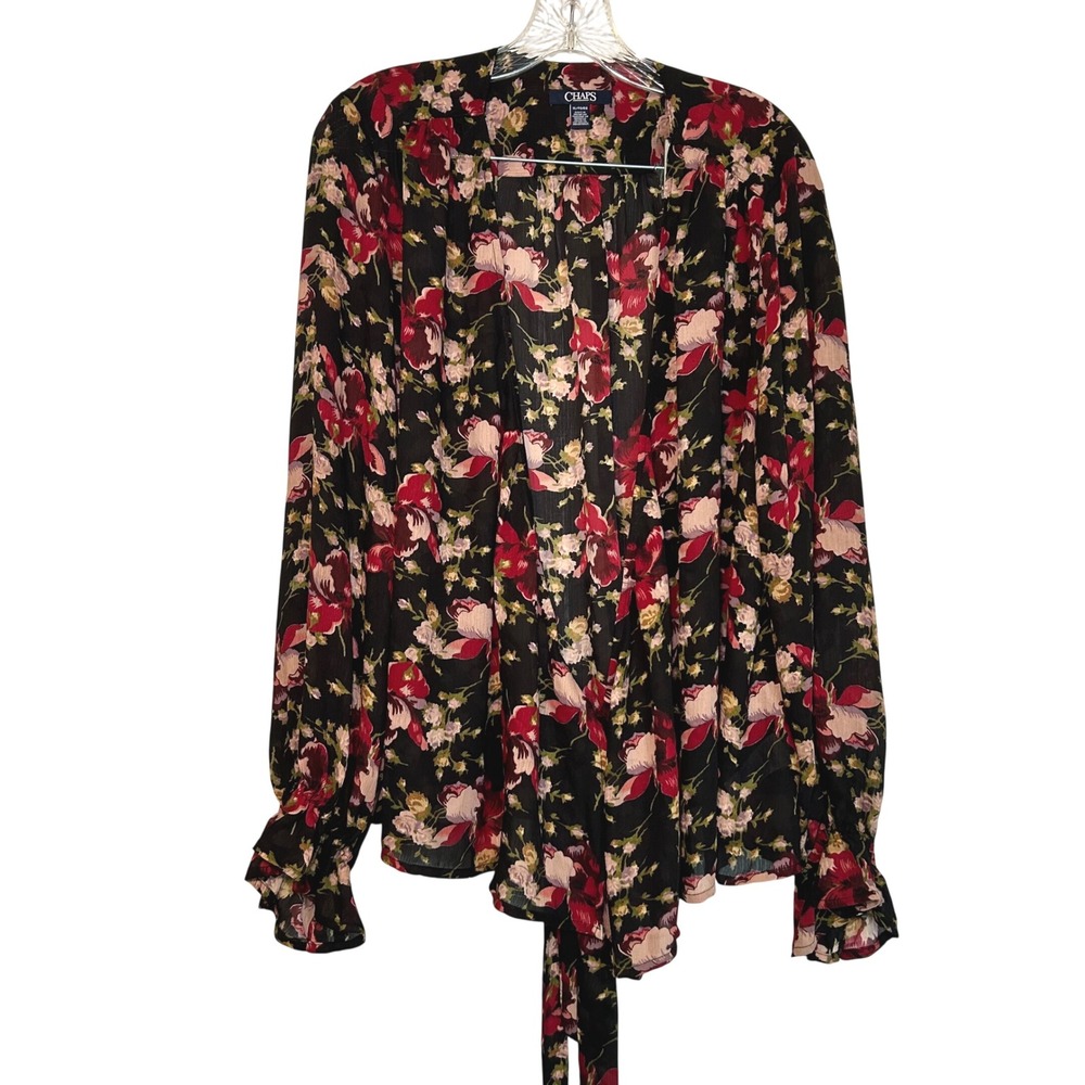 Chaps Black Floral Wrap Top Women's XL Festival Boho Romantic Girly Concert